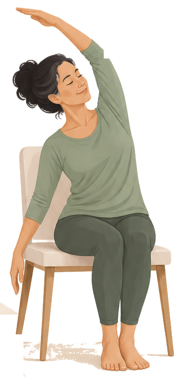 Illustration of a smiling woman doing a seated side stretch on a wooden chair